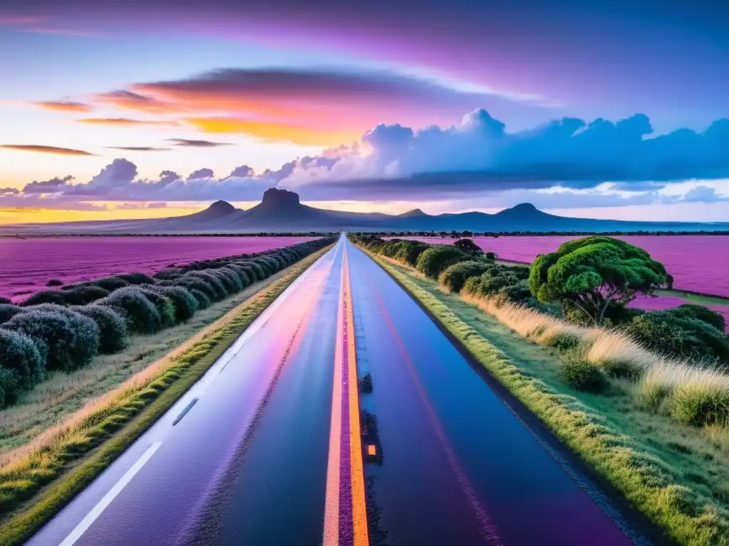 Imagen 8k de una de las misteriosas rutas escénicas de Uruguay al atardecer, reflejando colores vibrantes tras la lluvia