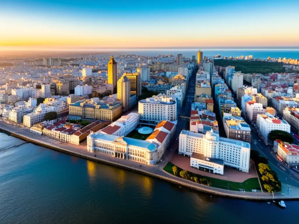 Imagen panorámica de Montevideo al atardecer, con el emblemático sistema sanitario en Uruguay, el Hospital de Clínicas, en primer plano