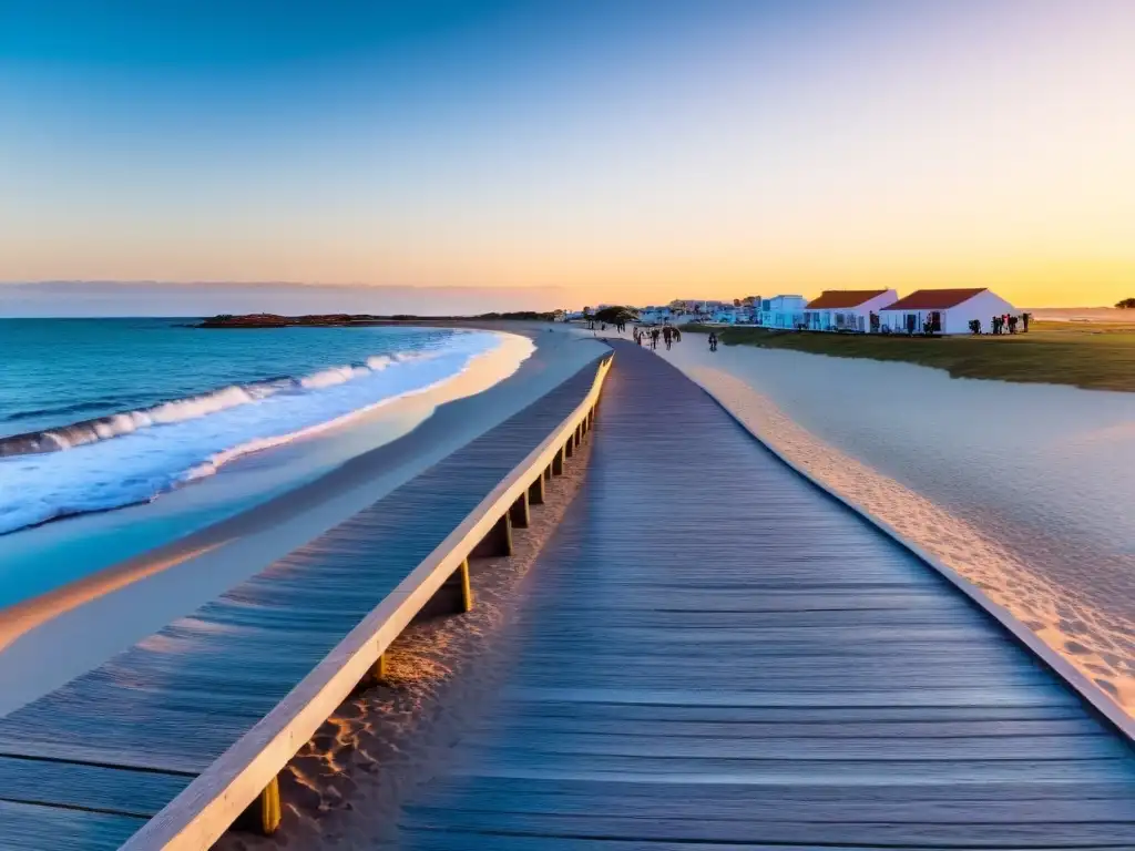 Imagen panorámica de una playa accesible en Uruguay durante la dorada hora del atardecer, mostrando su belleza natural e instalaciones para todos