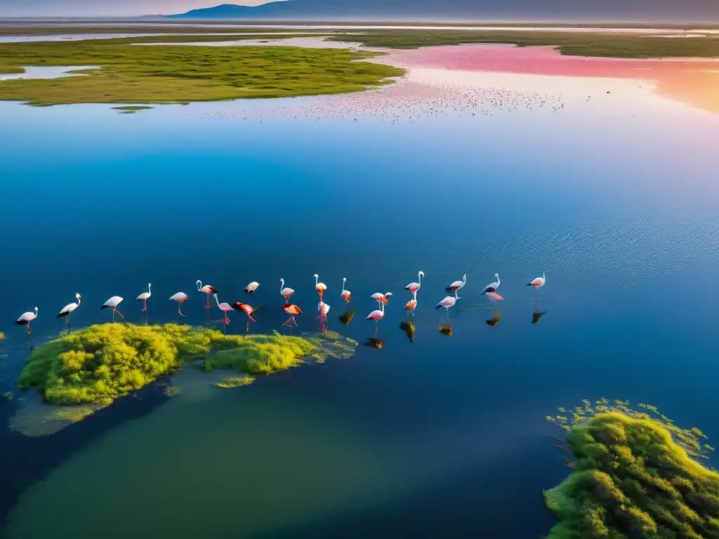 Imagen en resolución 8k que capta la biodiversidad en las Lagunas de Rocha bajo un sol poniente, con flamencos rosados, capibaras y aves volando