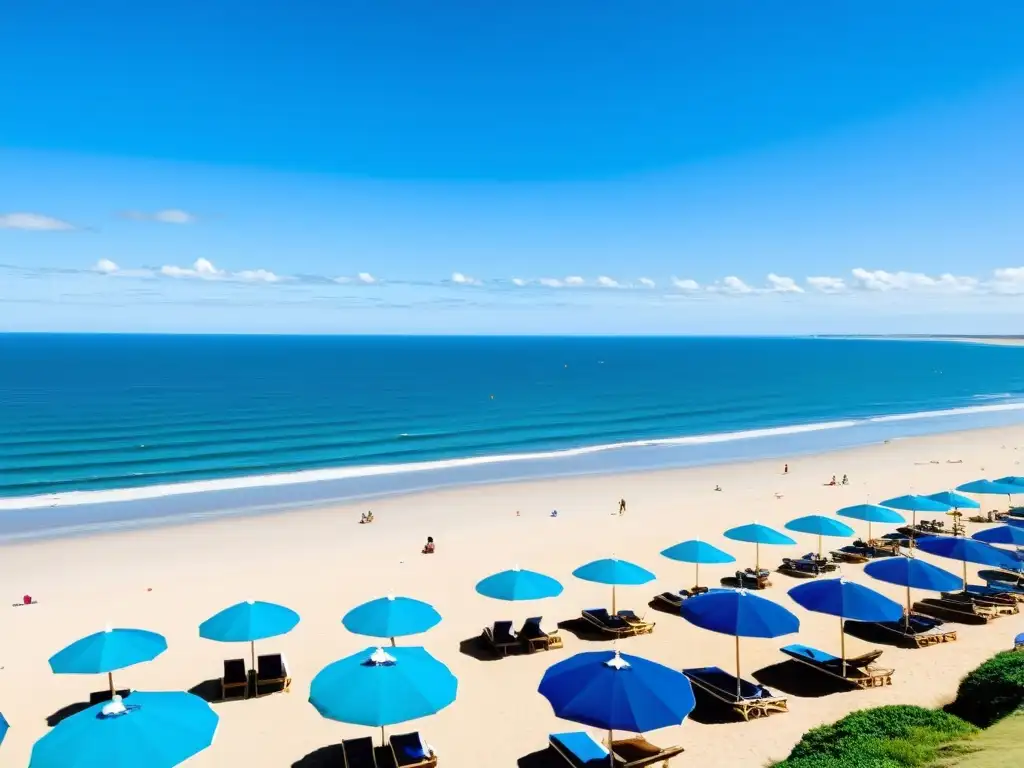 Imagen vibrante de una playa uruguaya popular; consejos seguridad playas Uruguay visibles, diversión y relajación bajo el brillante cielo azul