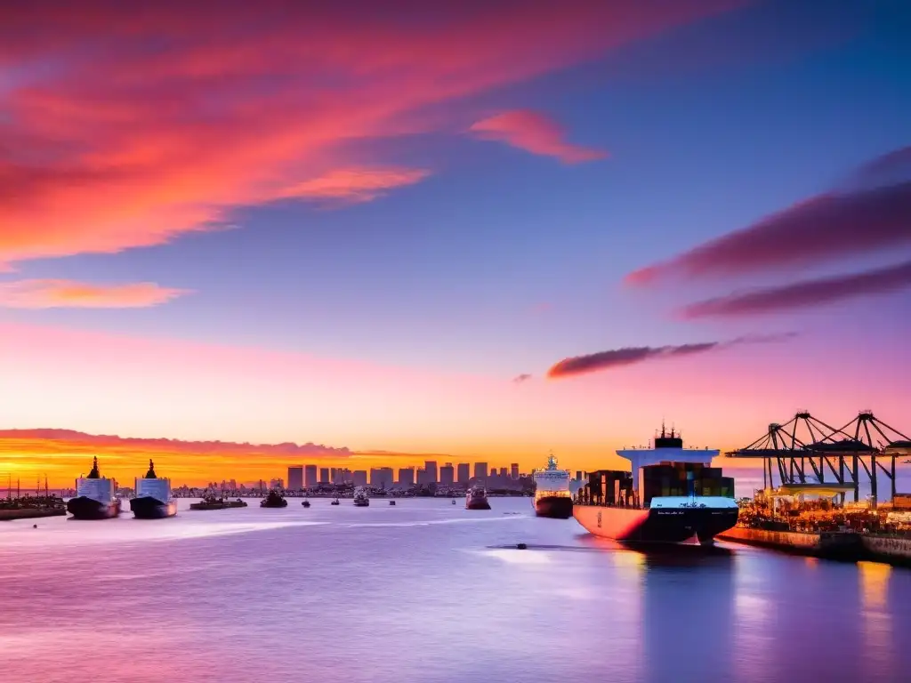 Imagen 8k del vibrante puerto de Montevideo, Uruguay al atardecer, reflejando la importancia del transporte acuático en Uruguay