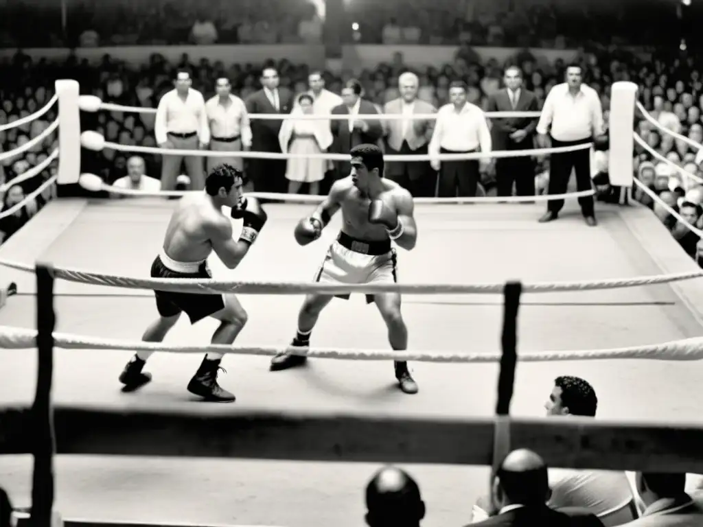 Imagen vintage en blanco y negro de un vibrante ring de boxeo en Uruguay, lleno de espectadores emocionados