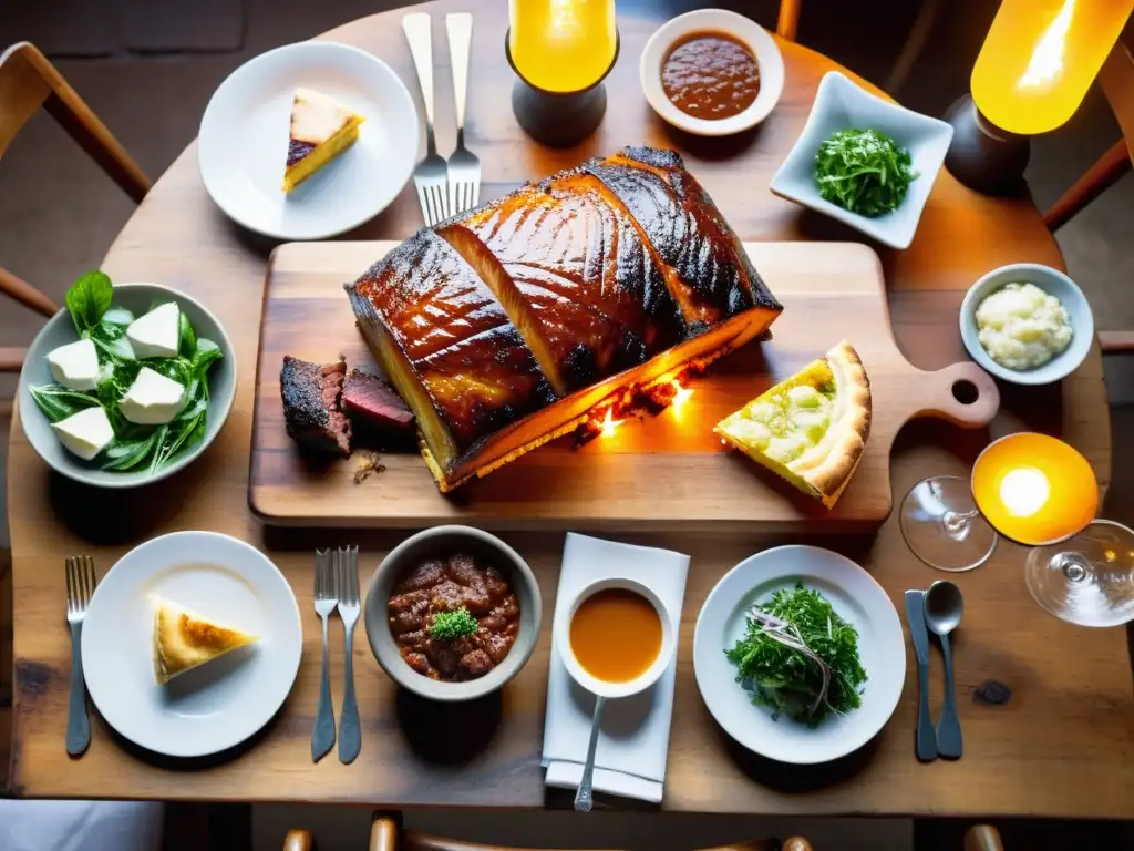 Fotografiando gastronomía uruguaya en imágenes; asado jugoso, pastel de carne dorado y alfajores sobre una mesa rústica