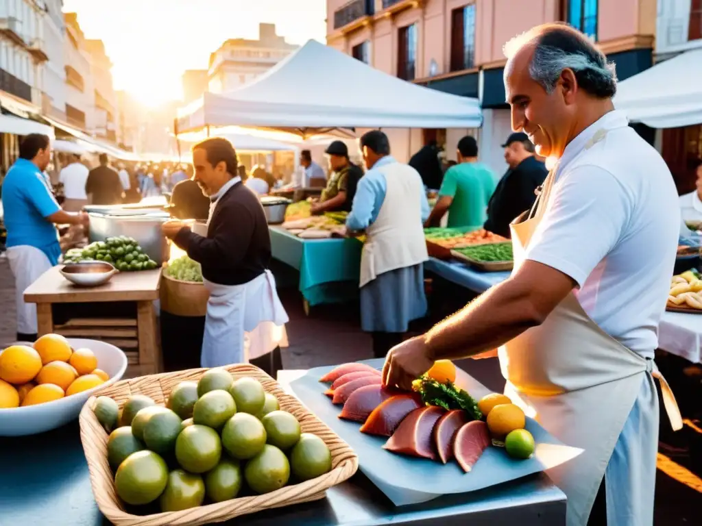 Fotografiando gastronomía uruguaya en imágenes: un chef prepara el tradicional Chivito en un bullicioso mercado de Montevideo al atardecer