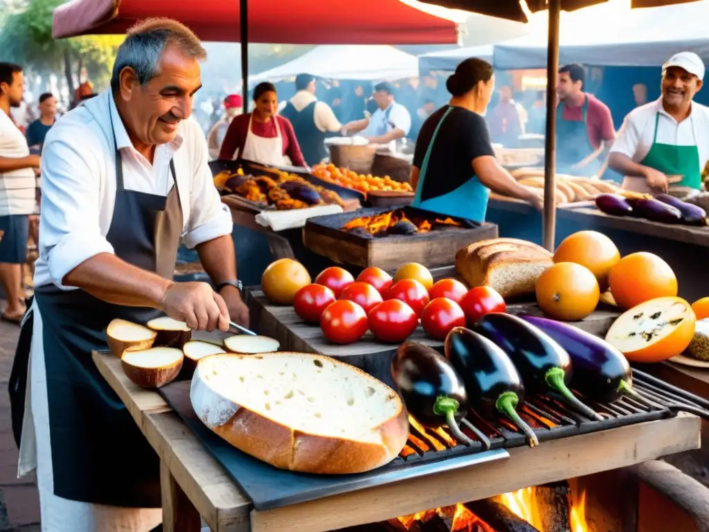 Fotografiando gastronomía uruguaya en imágenes: Mercado vibrante al atardecer, con un chef preparando Asado entre los destellos del fuego