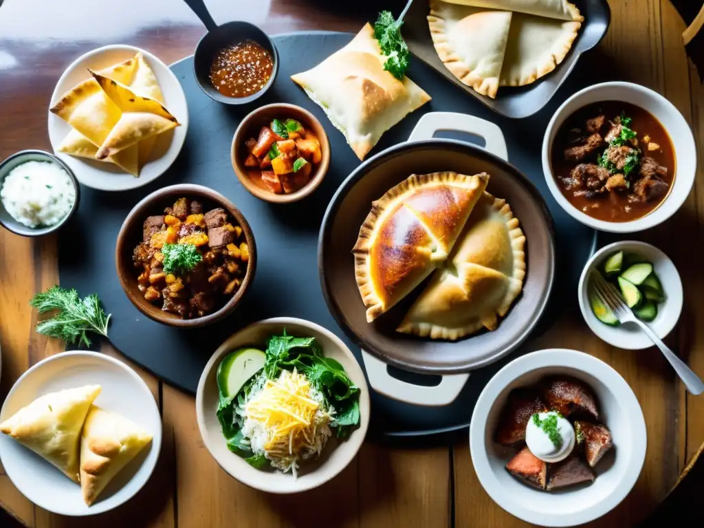 Fotografiando gastronomía uruguaya en imágenes: mesa rústica con asado, empanadas y ensaladas bajo luz suave