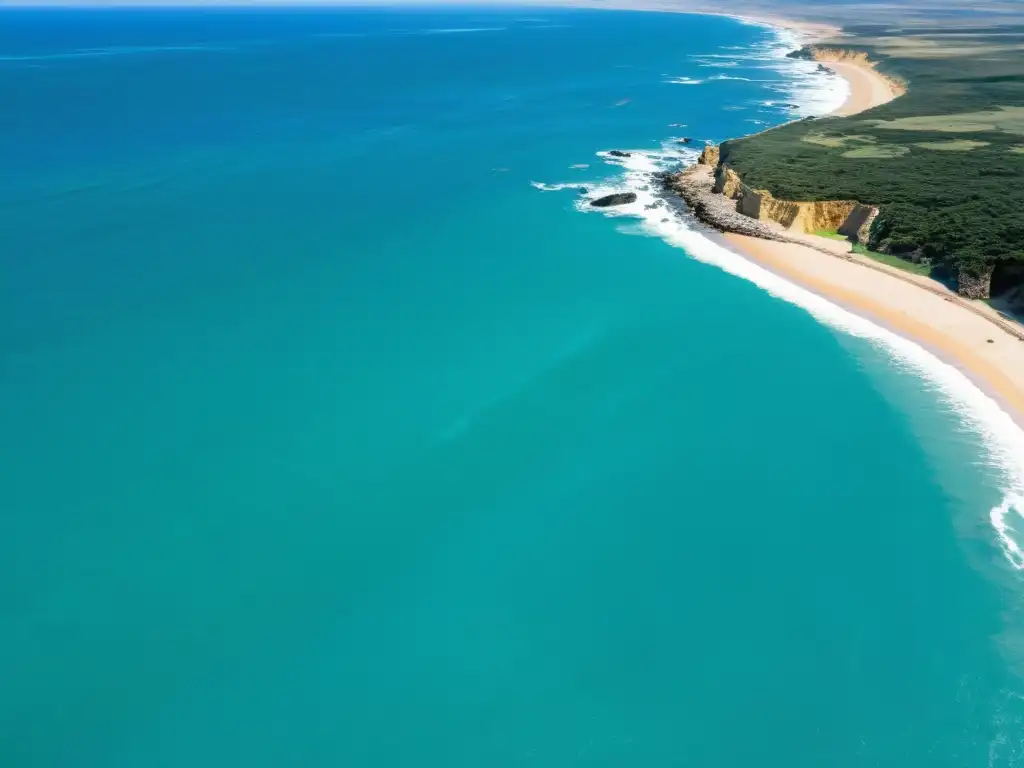 Impacto de la erosión en Punta Ballena, Uruguay: una vista aérea de acantilados desgastados por el mar turquesa y el cielo dividido