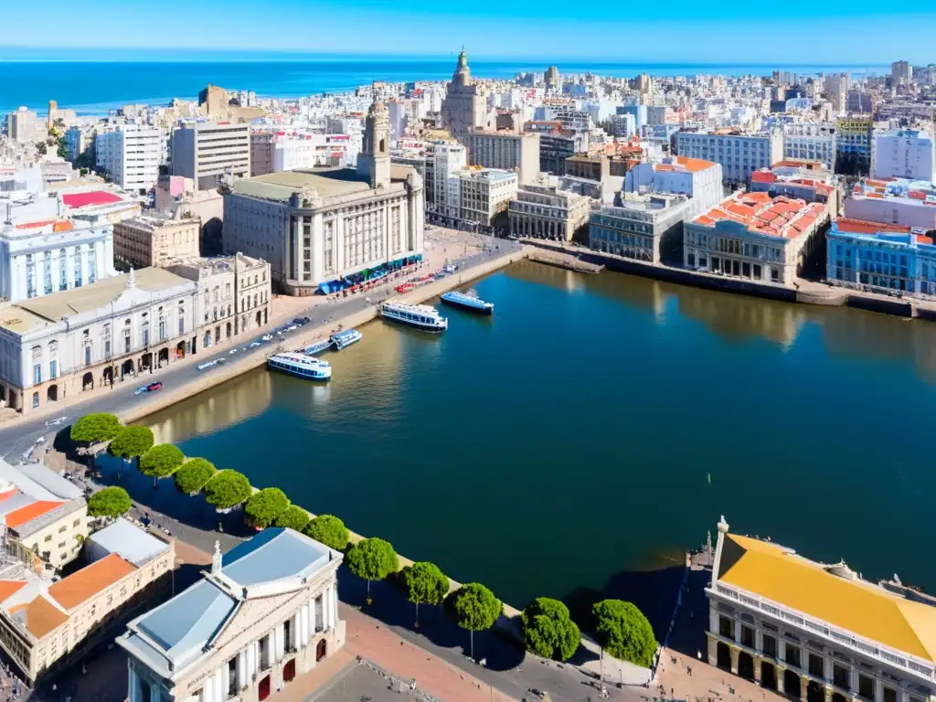 Impacto histórico de Uruguay: vista aérea del Palacio Salvo y el Teatro Solís en Montevideo, con figuras históricas y el Río de la Plata al fondo