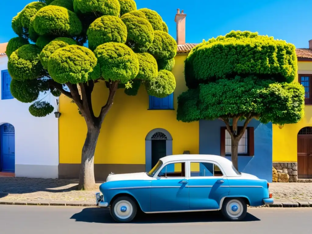 Impacto histórico de Uruguay enmarcado en el Barrio Histórico de Colonia, con su faro imponente, casas coloniales y un coche vintage