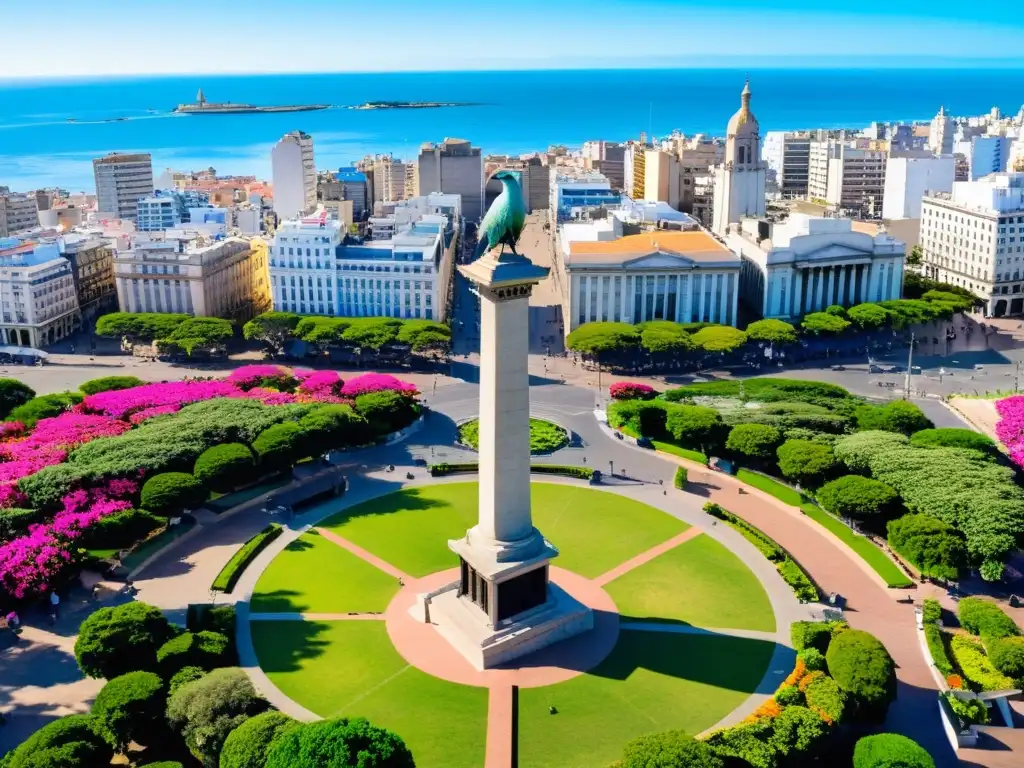 Impacto histórico de Uruguay reflejado en un amanecer sobre Montevideo, fusionando la urbe vibrante con momentos históricos emblemáticos