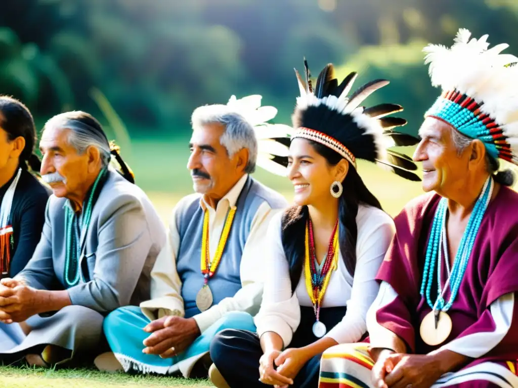 Un impacto de lenguas indígenas en español en Uruguay: ancianos enseñando a jóvenes en un vívido paisaje, simbolizando la fusión cultural