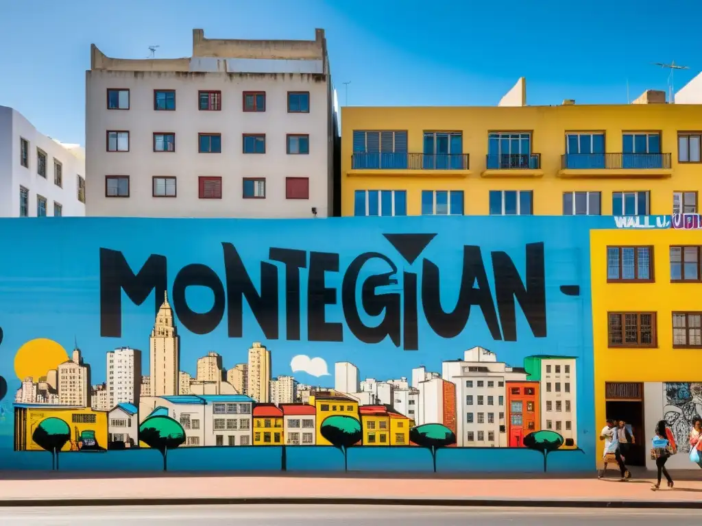 Impacto lenguas indígenas español Uruguay: Graffiti vibrante en Montevideo que muestra un indígena Charrúa hablando en ondas de color, fusionándose con la ciudad dorada