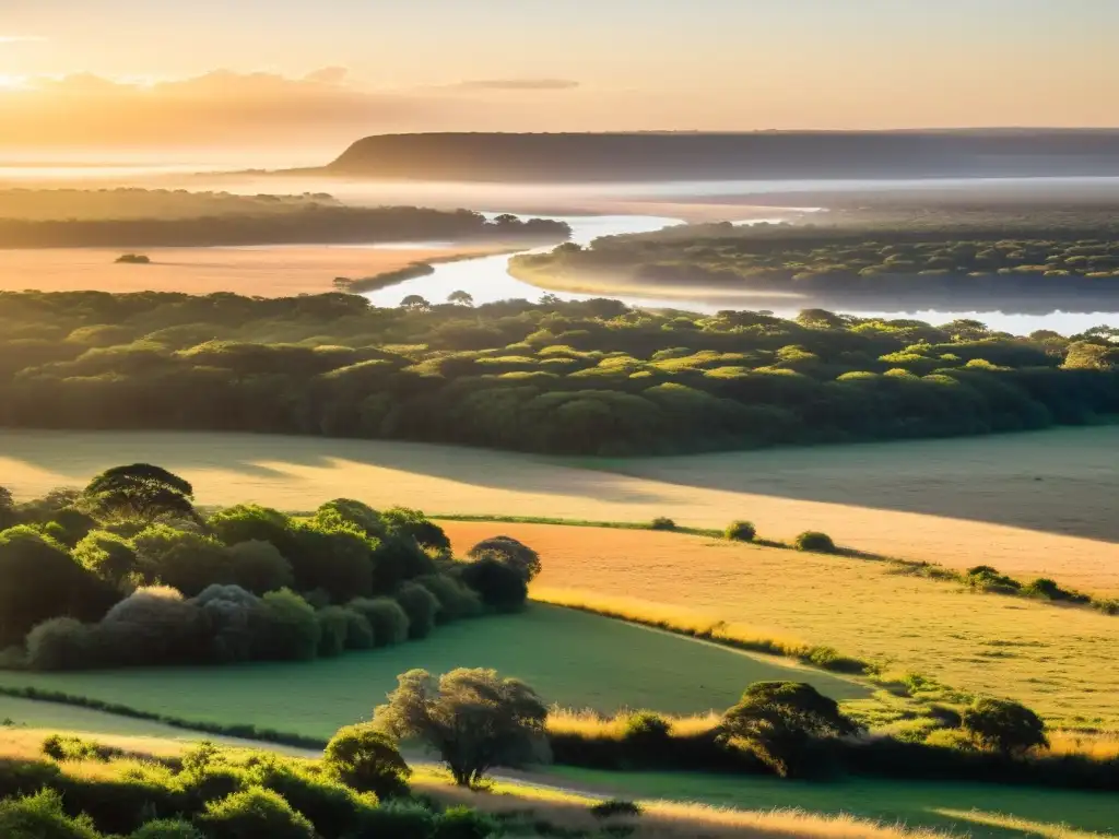 Impacto de la llegada europeos Uruguay: vista vívida del paisaje uruguayo intacto, con Charrúas y fauna nativa en un amanecer sereno