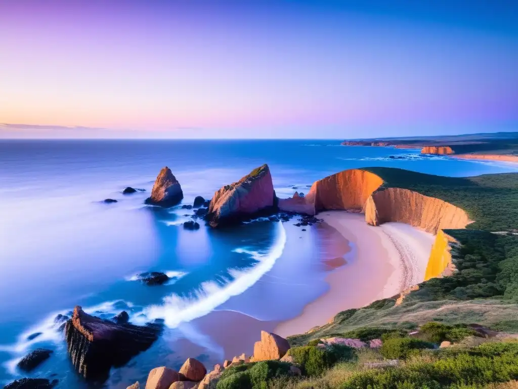 Impacto erosión Punta Ballena Uruguay: una figura solitaria contempla la majestuosidad de la costa erosionada bajo un cielo multicolor