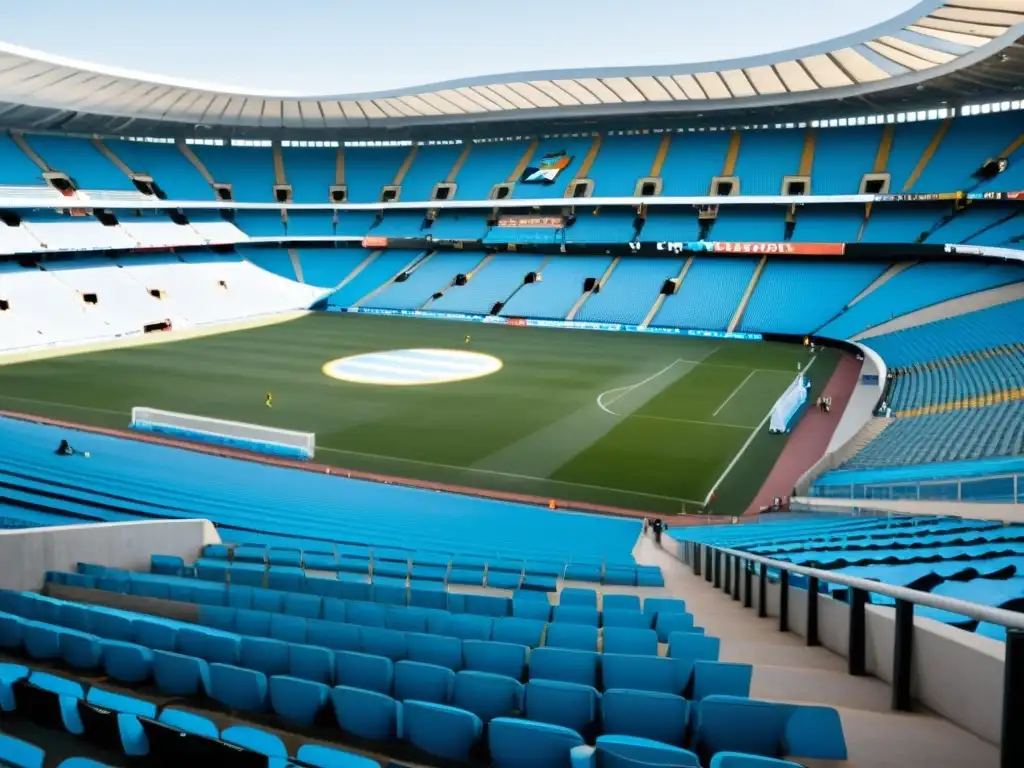 La importancia cultural del fútbol en Uruguay se vive en un emocionante partido en el Estadio Centenario, repleto de apasionados aficionados, al atardecer