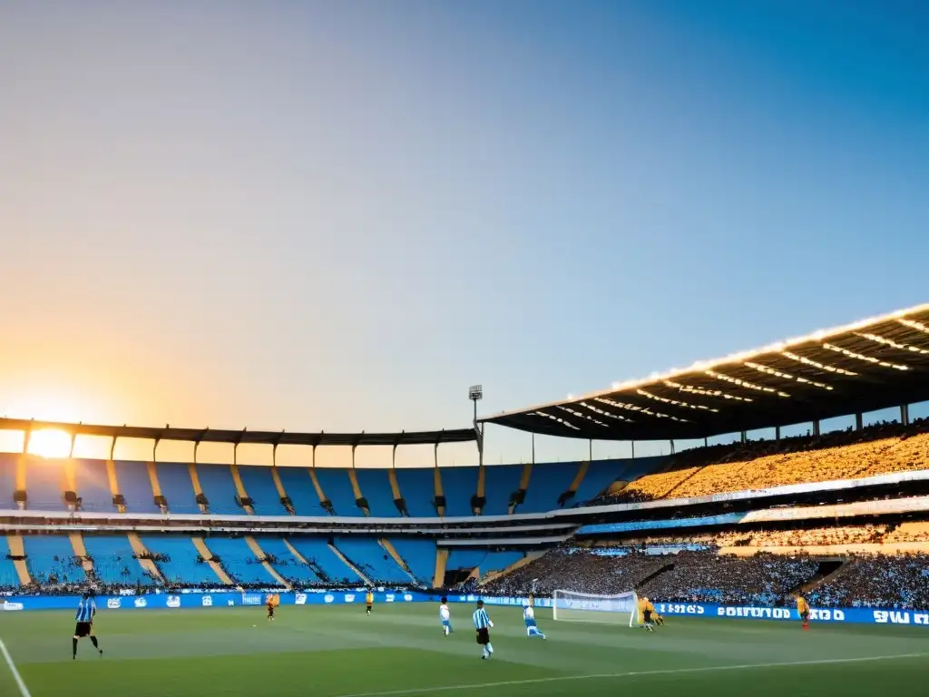 La importancia cultural del fútbol en Uruguay en una imagen: estadio lleno de fanáticos apasionados bajo un dorado atardecer