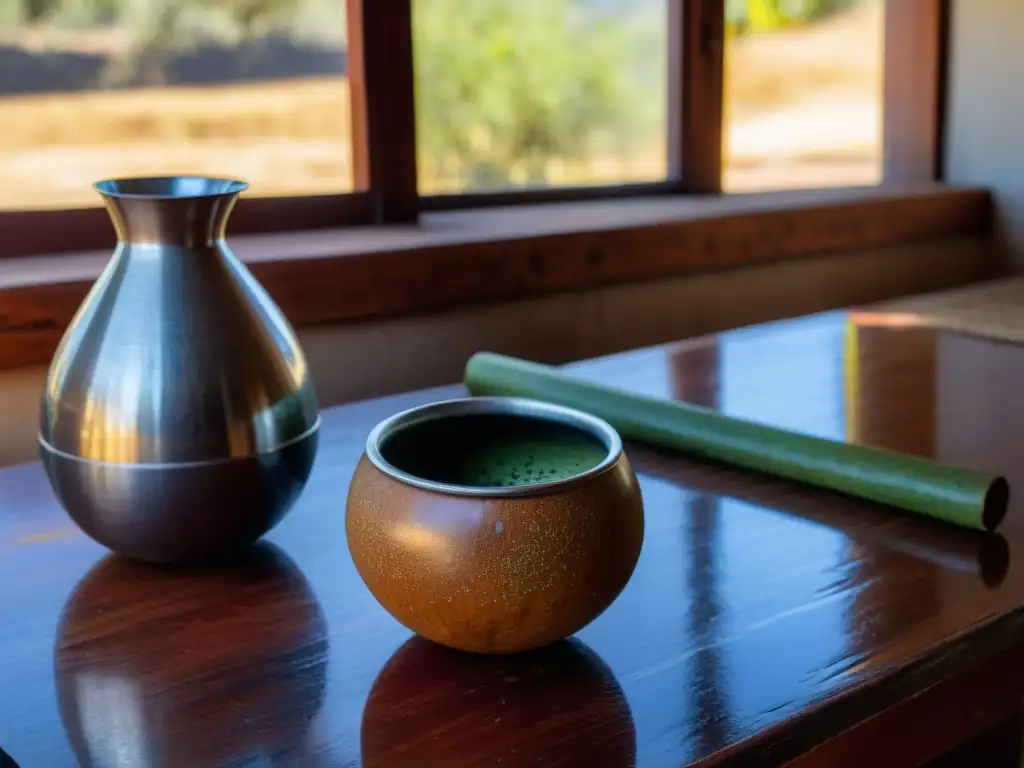 La importancia cultural del mate en Uruguay se refleja en una mesa rústica, iluminada por el sol, con mate, bombilla y elementos gauchescos