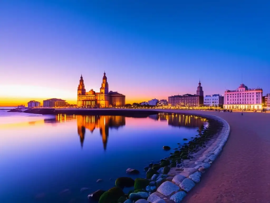 Impresionante atardecer en Montevideo, Uruguay, con el Palacio Salvo y turistas disfrutando de museos y atracciones accesibles en Uruguay