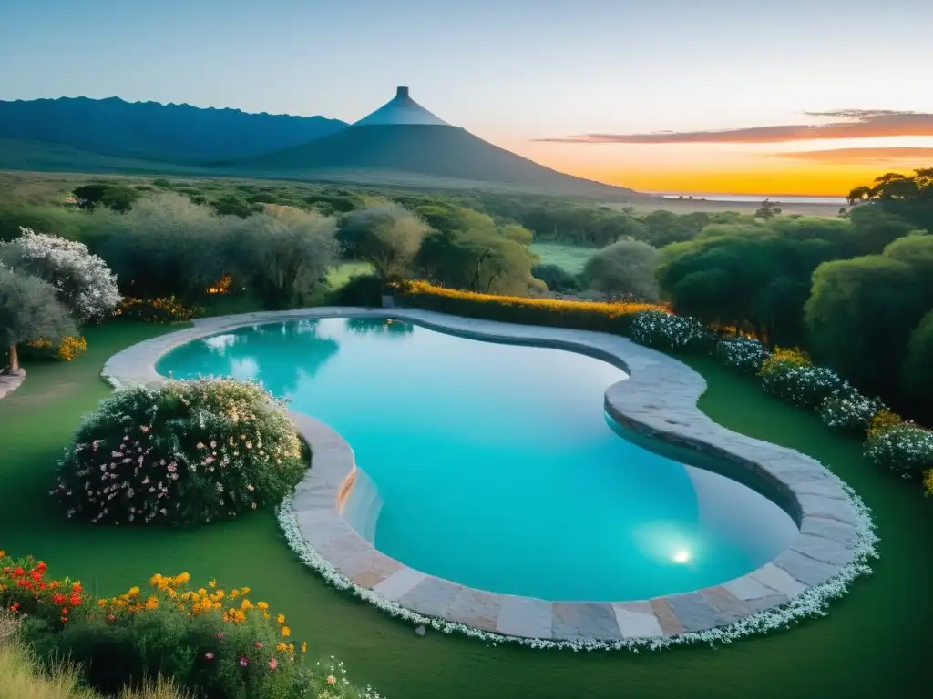 El impresionante atardecer ilumina las Termas del Inca en Uruguay, con sus tranquilas aguas turquesas y exóticas flores que decoran el entorno