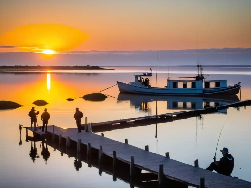 Amanecer impresionante en Uruguay, pescadores disfrutando de los mejores lugares para pesca deportiva en el sereno Río de la Plata