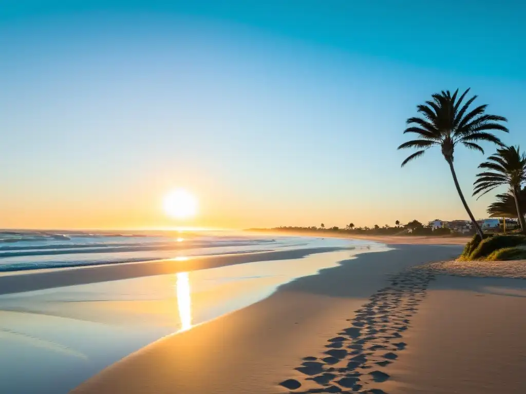 Amanecer impresionante en las Playas de Oro en Uruguay, con arena dorada brillando bajo rayos solares y aguas turquesas