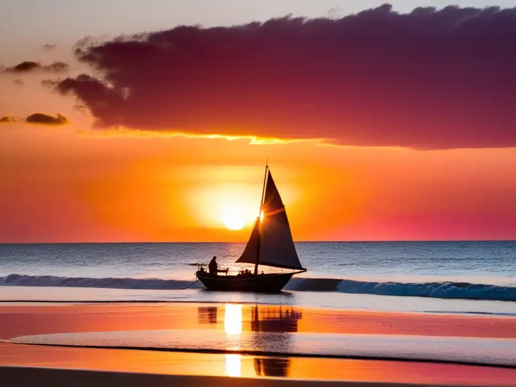 Amanecer impresionante en las Playas de Oro en Uruguay, con destellos de sol iluminando suavemente un tranquilo mar y siluetas de botes de pesca