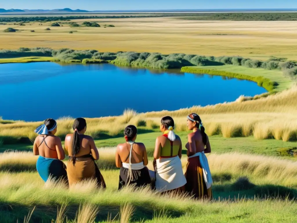 Indígenas Charrúas, destacando su importancia en Uruguay, compartiendo conocimientos y cultura en las verdes Pampas, con el río La Plata de fondo