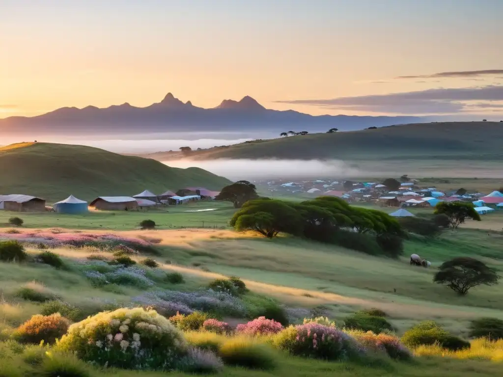 Indígenas en Uruguay en sus labores diarias al amanecer, resaltando la importancia de su cultura y tradiciones en el paisaje uruguayo