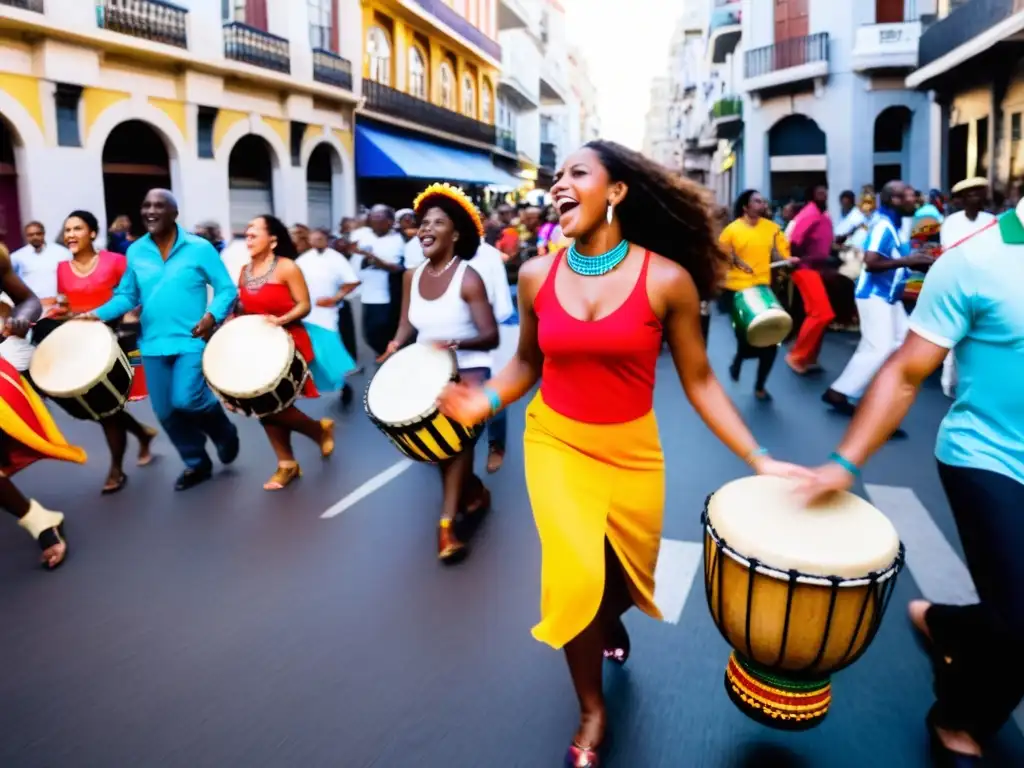 Influencia africana en la cultura uruguaya, brillando en un círculo de tambores de candombe bajo el atardecer de Montevideo