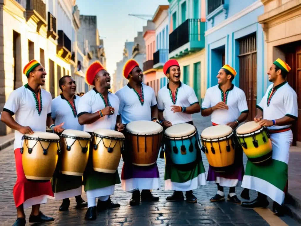 Influencia africana en la cultura uruguaya: tambores de candombe resonando al amanecer en Montevideo, despertando la vieja ciudad con su ritmo