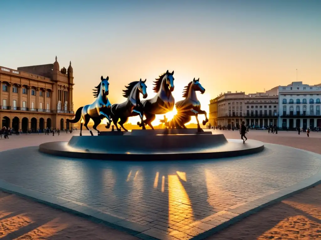 Influencia de José Belloni en el arte uruguayo, evidente en 'El Entrevero' al atardecer en la Plaza Fabini, Montevideo