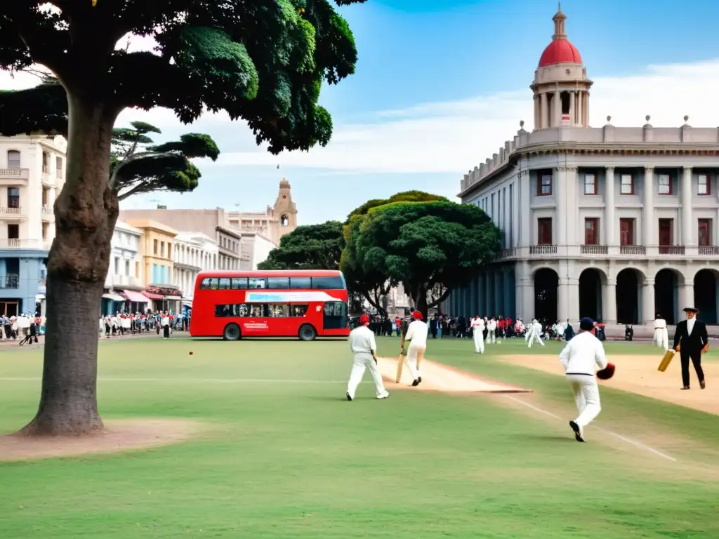 Influencia de la cultura británica en Uruguay reflejada en el bullicioso centro histórico de Montevideo; cricket y bus rojo