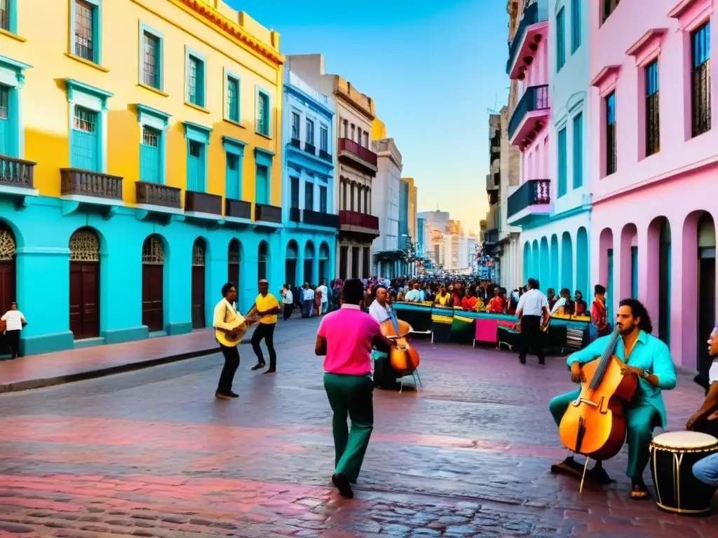 Influencia de la escena cultural uruguaya en una calle bulliciosa de Montevideo, destacando la música, arte y debate vivaz