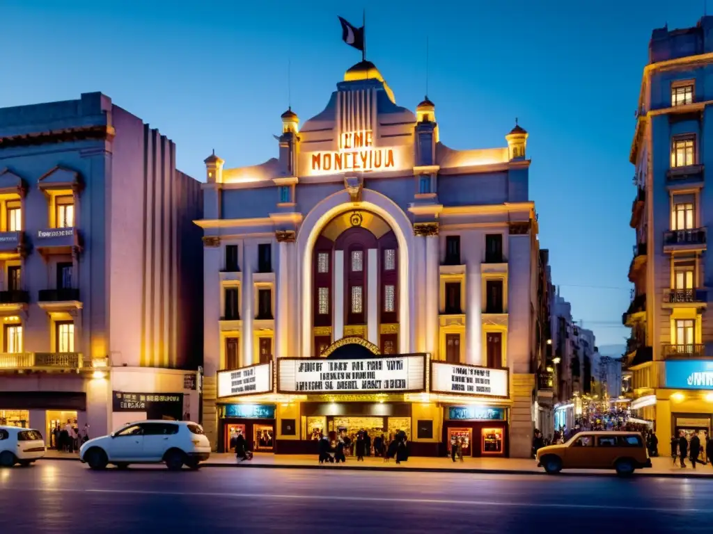 Influencia de la escena cultural uruguaya palpable en una ajetreada calle de Montevideo, con el icónico Cine Uruguayo resplandeciendo al anochecer