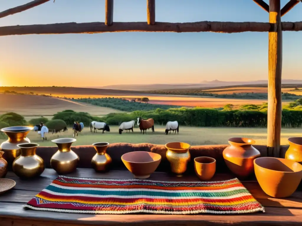 Influencia indígena en la cultura de Uruguay reflejada en la danza tradicional y artefactos coloridos al atardecer dorado