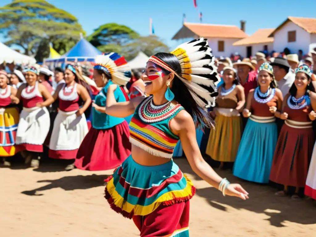 Influencia indígena en Uruguay: danza festiva en trajes coloridos, rostros pintados, y ventas artesanales bajo un sol dorado