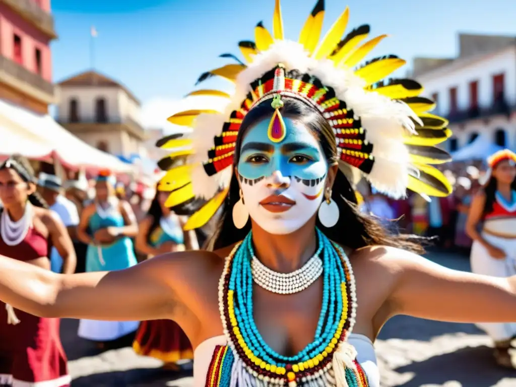 Influencia indígena en festividades uruguayas: danza ritual en un festival bullicioso, bajo un cielo pintado por el atardecer