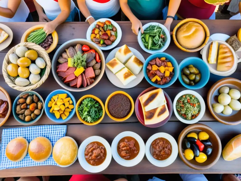 Influencia indígena en festividades uruguayas: una mesa rústica rebosante de comida tradicional bajo un cielo estrellado