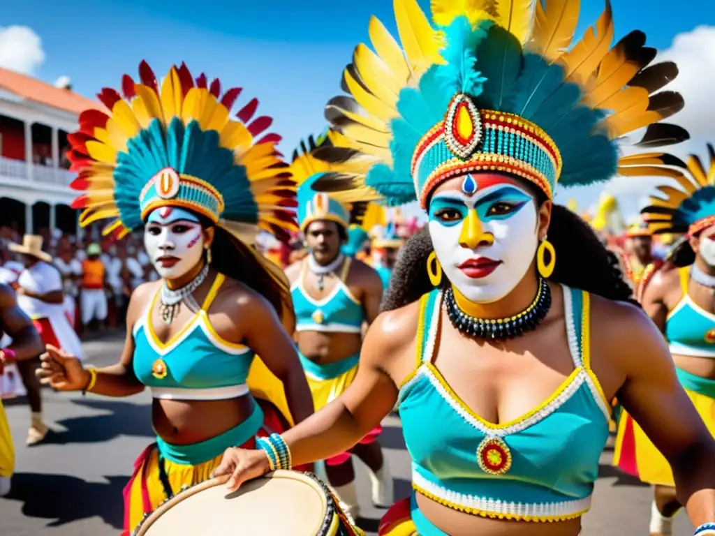 Influencia indígena en festividades uruguayas: Charrúas en trajes vívidos bailan al ritmo del Candombe en Montevideo, bajo un cálido atardecer