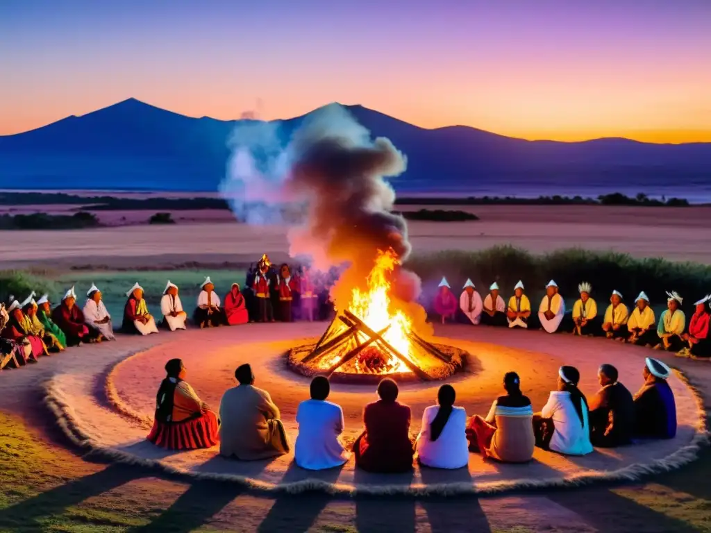 Influencia indígena en festividades uruguayas: danza ritual alrededor de una fogata, con ancianos contando historias a jóvenes bajo un cielo crepuscular