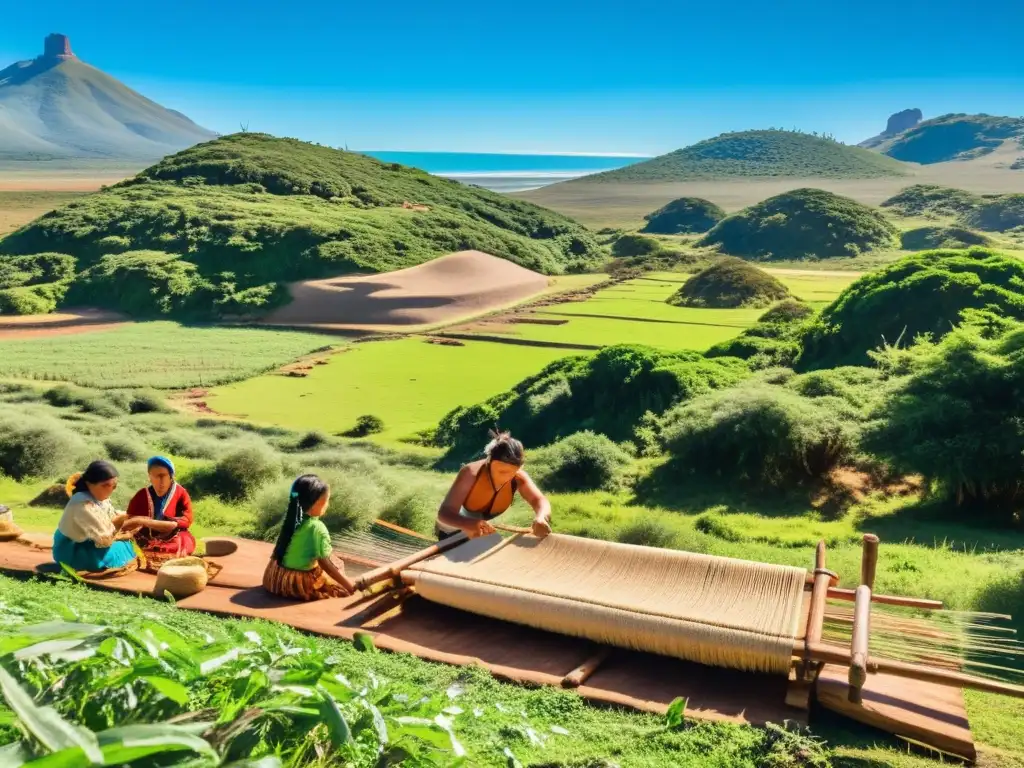 Influencia indígena en Uruguay: habitantes en trajes tradicionales, realizando artesanías y juegos bajo el sol cálido en una próspera campiña verde