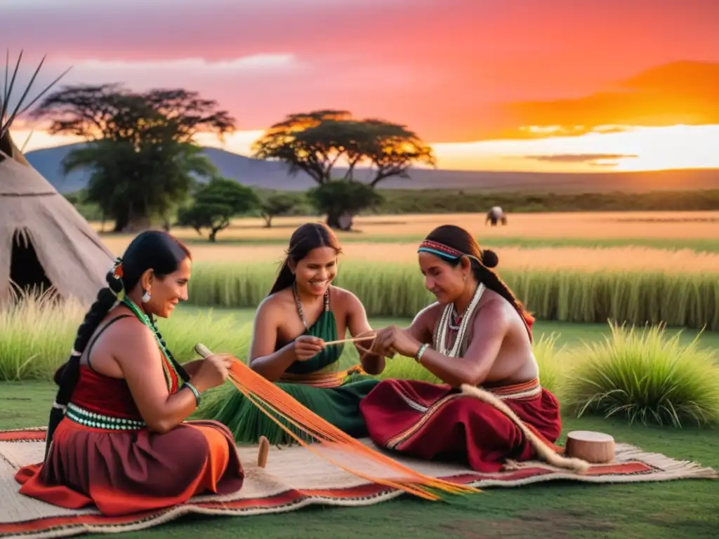 Influencia indígena en Uruguay: Charrúas en las praderas uruguayas al atardecer, transmitiendo paz y resiliencia