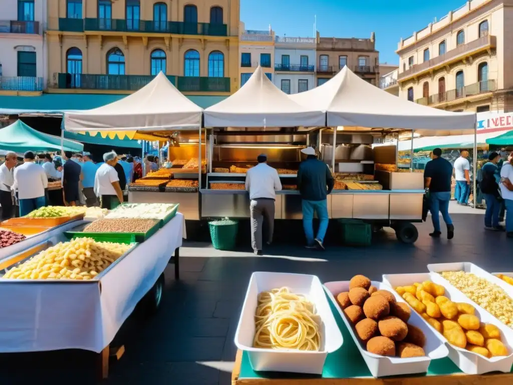 Influencia de inmigrantes en la gastronomía uruguaya: mercado al aire libre en Montevideo, lleno de vida, sabores y colores al atardecer