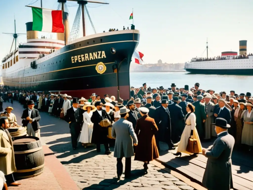 Influencia italiana en cultura uruguaya emergiendo de un barco llamado 'Esperanza' en el puerto de Montevideo, lleno de emoción y expectación