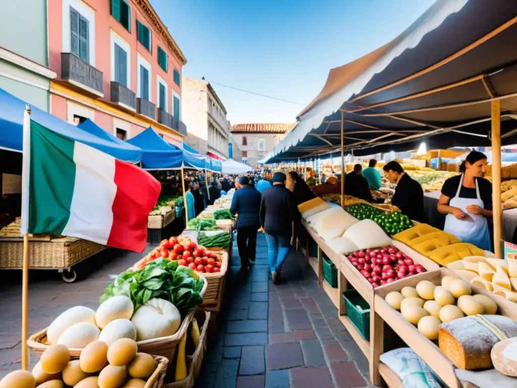 Influencia italiana en cultura uruguaya: bullicioso mercado repleto de productos coloridos bajo banderas entrelazadas y arquitectura única