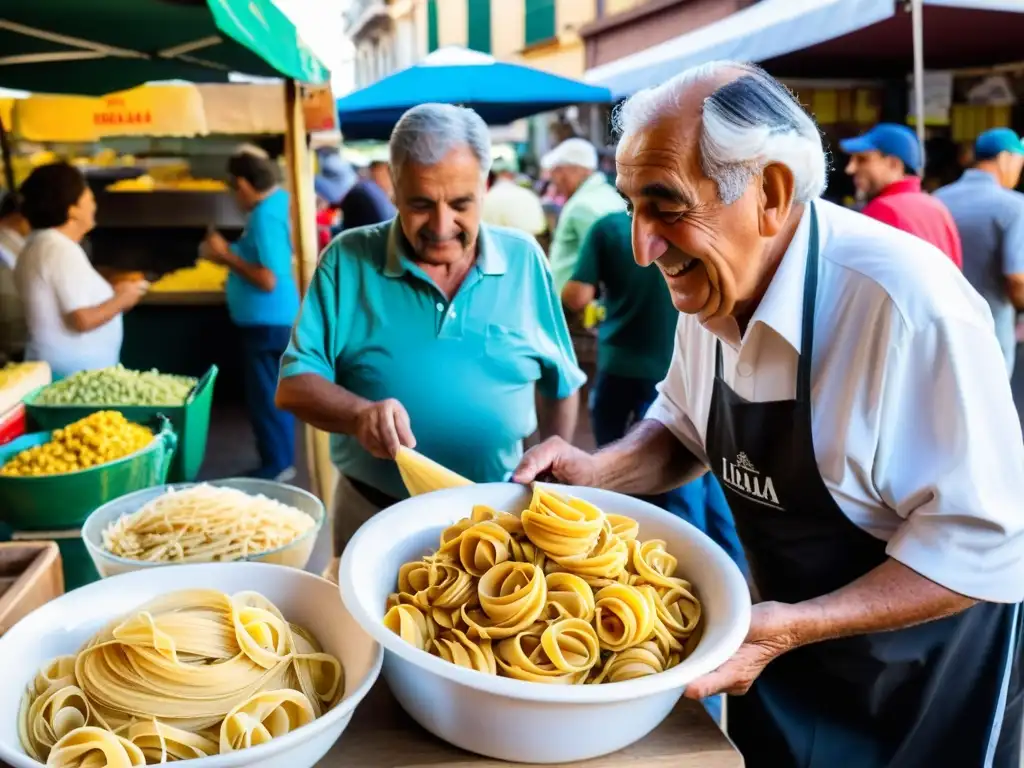 Influencia italiana en cultura uruguaya: Mercado vibrante en Montevideo, venta de productos italianos y charlas apasionadas sobre pasta