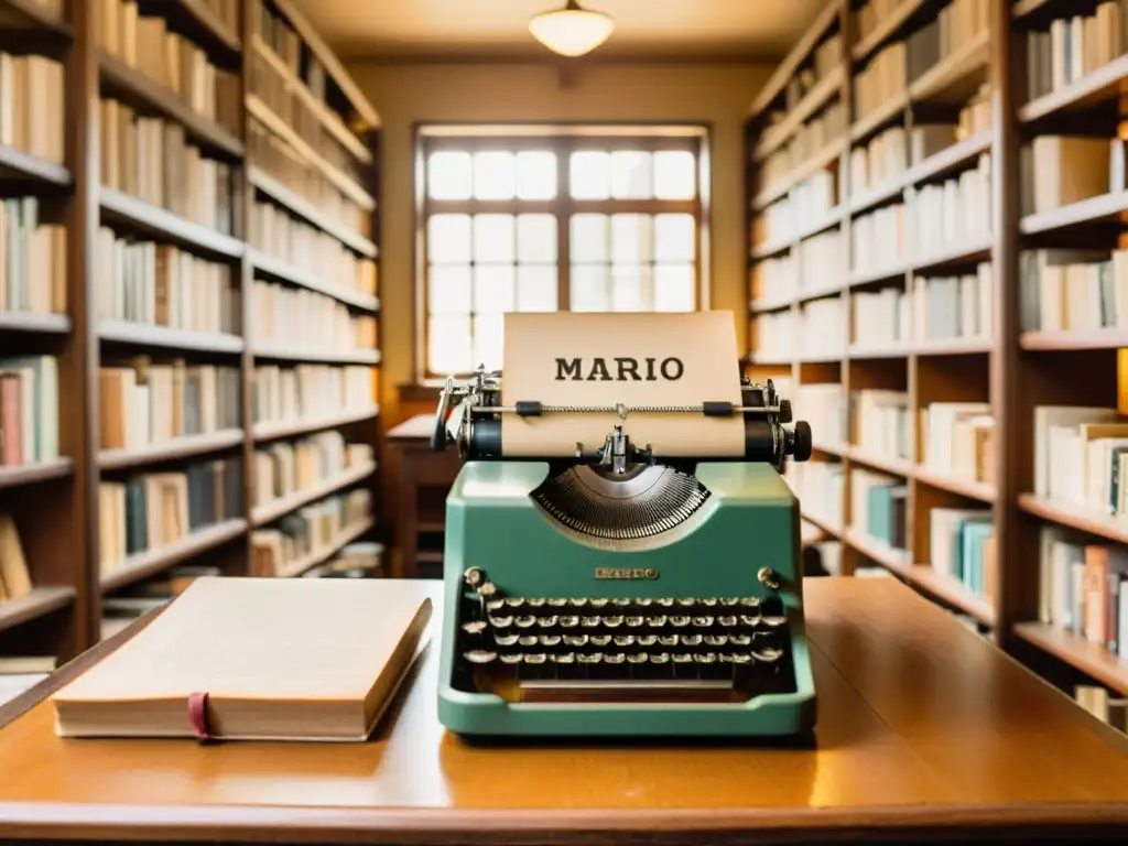 La influencia de Mario Benedetti palpable en una cálida y antigua biblioteca, donde su nombre resalta en una vieja máquina de escribir, bajo la luz dorada del atardecer