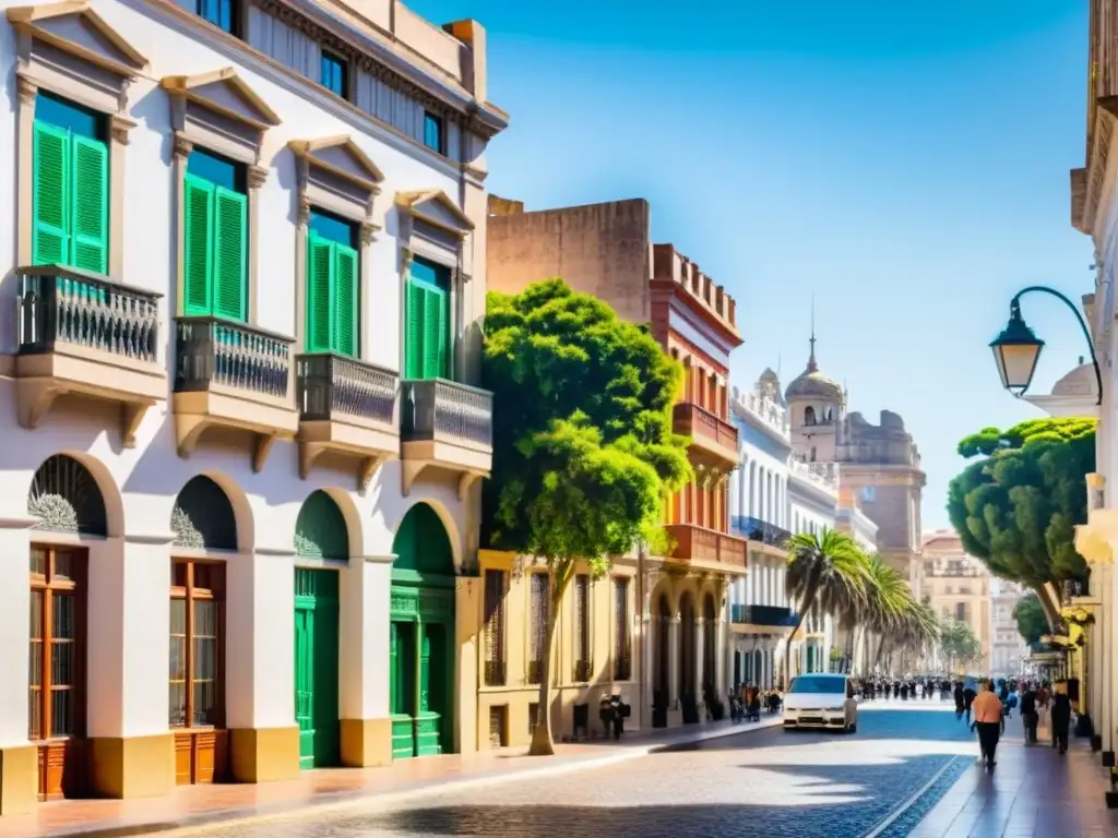 Influencias españolas arquitectura uruguaya en las calles soleadas de Montevideo, pareja paseando entre edificios coloniales y cafés animados