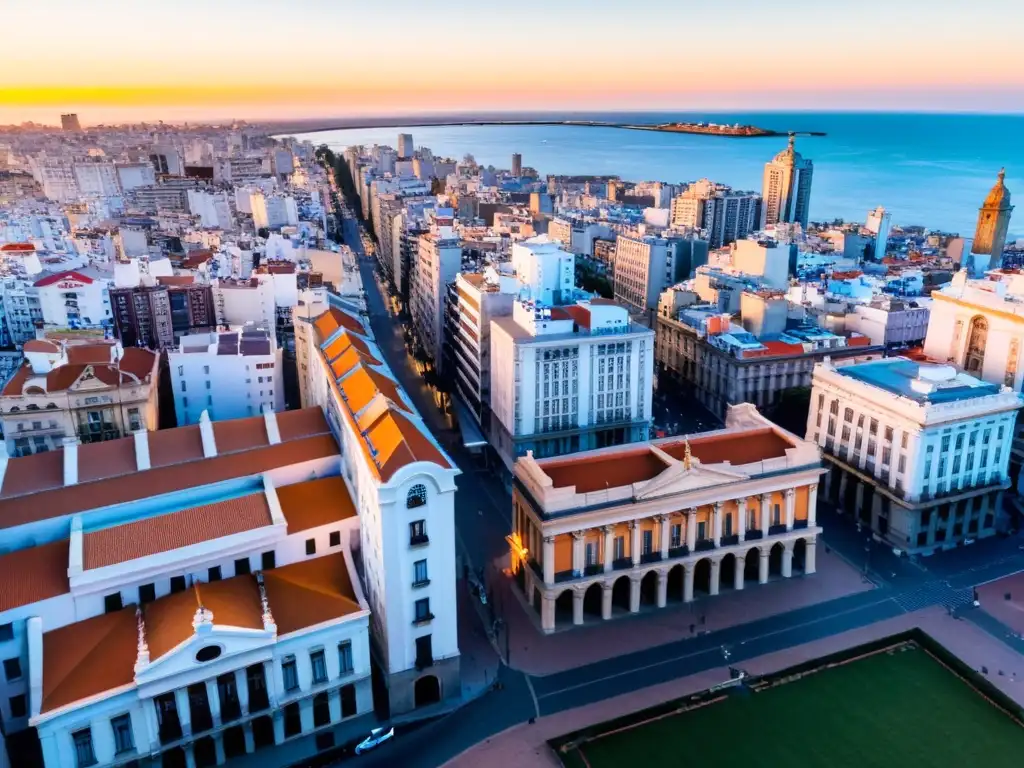 Amanecer en Montevideo, resaltando las influencias españolas en la arquitectura uruguaya con un cálido brillo naranja